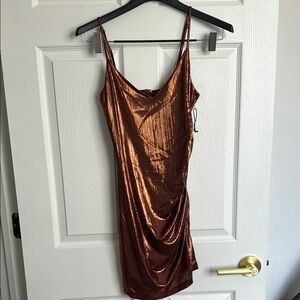 Metallic Shimmering Copper Slip Dress Spaghetti Straps & Bodycon Side Rouching